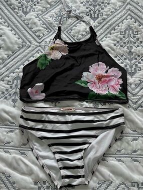 Girls' Black Floral Halter Bikini Top with Black & White Stripe Bottoms